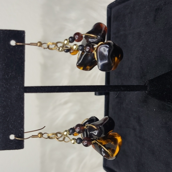 Dangle Earrings Brown Black Chunky Beads Chandelier Eclectic Hippie Style Trend - Picture 4 of 4